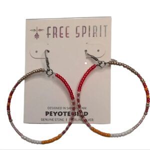 NWT Peyote Bird Red and Orange Beaded Hoop Earrings Sterling Silver